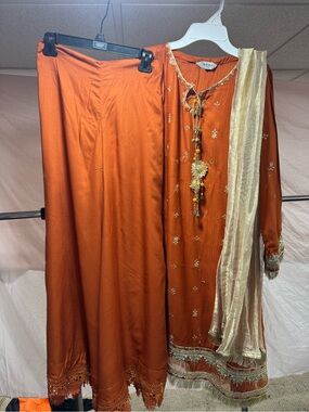 Girls' Formal Orange Embroidered Dress with Gold Dupatta